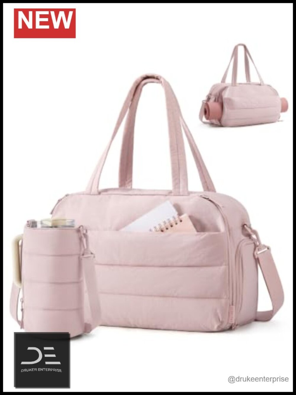 Quilted Gym Bag with Yoga Mat Holder & Water Bottle Bag